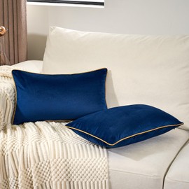 Aeckself Pack of 2 Luxury Velvet Navy Blue Lumbar Pillow Covers 12 x 20 Inch, Modern Decorative Pillowcase with Gold Trim Edge, Comfortable Soft Solid Cushion Case for Couch Bedroom Living Room