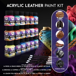 Acrylic Leather Paint for Shoes - 18 Color Leather Paint Kit With 5 Paint Brushes (Deglazer & finisher not Included) - Great Repair Finisher for Shoes,Sneakers, Wallets, Jackets (Metallic - 18 Colors)