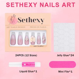 Sethexy French Pink Press On Nails Long Coffin 3D False Nails with Design 24PCS Glossy Full Cover Art Fake Nail for Women and Girls (13)