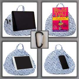 Rooms By Me Blue Spots Tablet Stand Cushion for Tablets, eReaders, Smartphones and Books with Accesories Pocket | UK Made | Over 50 Designs