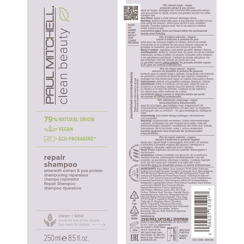Paul Mitchell Clean Beauty Repair Shampoo, Strengthens and Protects, For