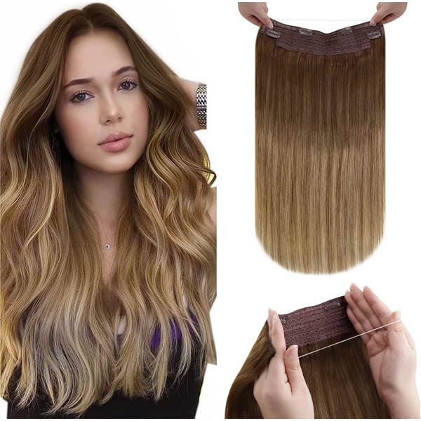 LaaVoo Real Hair Extensions with Wire, Balayage, Secret Fish Line Extensions, #6/8/14, Medium Brown, Ombre, Light Brown and Dark Blonde Remy Extensions with Invisible Wire, 45 cm, 80 g