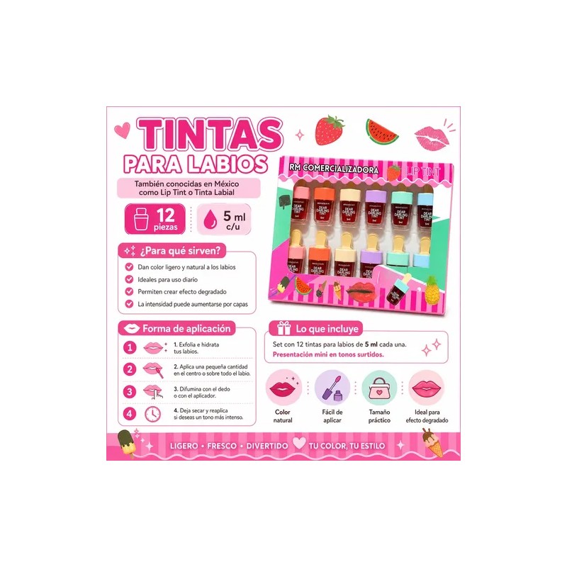 12 Piezas Labial Lip Gloss Tinta Coranea Rojo Brilloso