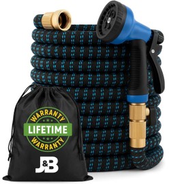 J&B XpandaHose - Manguera de jardín expandible de 100 pies con soporte, resistente, resistencia superior, 3750D, núcleo de látex de 4 capas, conectore