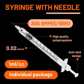 1mL/cc 30G 5/16" (8mm) Syringe, Lab Syringes Individually Wrapped, Pack of 25