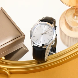 Men's Analog Quartz Waterproof Wristwatch Popular Thin Simple Stylish Business Casual Leather Strap Men's Watch, Silver