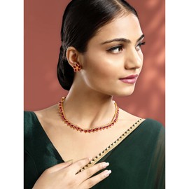 Aheli Rani Pink Synthetic Stone Studded Necklace Earrings Set Ethnic Fashion Jewellery for Women