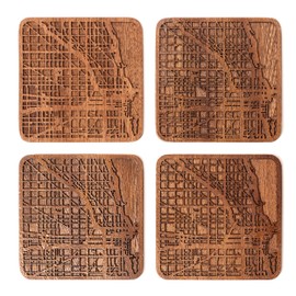Chicago Map Coaster, Set of 4, Sapele Wooden Coaster with City Map, Handmade