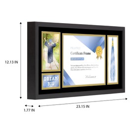 Melannco 23x12 Inch Black Matted Wood Diploma Frame- Frame Displays One 8.5x11 Inch Certificate, One 4x6 Inch Photo, One 2.5x3 Inch Photo and One Tassel