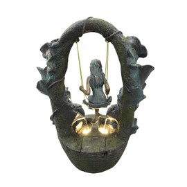 Hi-Line Gift Ltd. Girl ON A Swing Fountain with 2 Warm White LED Lights, Grey/Natural