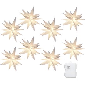 Elf Logic Set of Eight 4" LED Mini Moravian Star String Lights. Hanging Outdoor Christmas Lights, Holiday Decoration, Porch Lights, Advent Stars or Christmas Tree Lights.