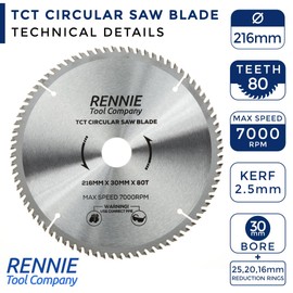 Rennie Tools - 216mm x 30mm x 80T TCT Circular Wood Saw Blade Includes 25mm 20mm & 16mm Bore Reduction Rings. Compatible with Festool Bosch Makita Dewalt Circular Saw,