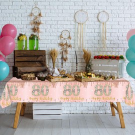 2 Pack 80th Birthday Tablecloth Pink Rose Gold 80th Birthday Table Cover Happy 80th Birthday Decorations for Women Plastic Disposable 80th Birthday Table Cloth 80th Birthday Party Supplies (54"x108")