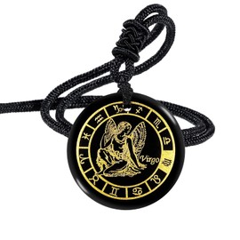 Nupuyai Engraved 12 Constellation Pendant Necklace for Men Women, Round Healing Stone Amulet Obsidian Pendant with Adjustable Rope 46-62cm, Virgo