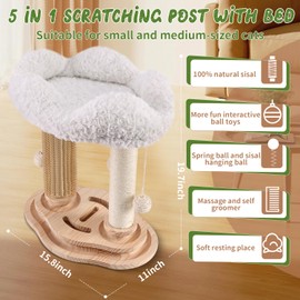 COUNER Cat Tree for Indoor Kittens,Cat Scratching Post with Bed for Cats,Cat Self Groomer with 3-Tier Wood Base,Removable Bed,Groomer Brush,Natural Sisal,2*Dangling Balls,Interactive Ball Toys