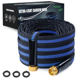 HODUP Ultra Lightweight 15FT Garden Hose - Heavy-Duty Kink-Free Flexible Hose, Non-Expanding Design with Aluminum Brass Fittings, Crush-Proof for Yard/Lawn/Outdoor Use(black-blue, 15 FT)