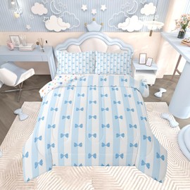 Feelyou Kids Girls Blue Bow Comforter Set,Blue and White Stripe Bow Bedding Set Full Size for Boys Girls,Kawaii Bowknot Comforter,Cute Soft Bed Set