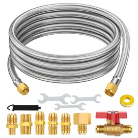 12 Feet 3/8 Propane Hose Extension, Braided Propane Tank Gas Line Hose, with Adapter, 3/8" Male Flare to 1/2" 1/4" 1/8" 3/8" 3/8" NPT Male, for Camper, RV, Camper, Grill, Griddle, Heated, Fire Pit