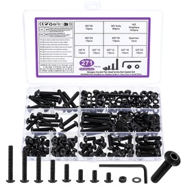 271 Piece M5 Screws Set, Allen Screws Nuts Set, Black Threaded Screws with Nuts with Washers Set, Pan Head Screws and Nuts, Bicycle Screws Set, with Key