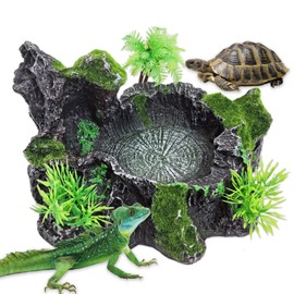 PINVNBY Reptile Water Dish, Crested Gecko Food Dish, Artificial Plants and Moss Reptile Food Water Bowl for Bearded Dragon, Lizards, Geckos, Turtle, Hermit Crab, Snake (with Moss)