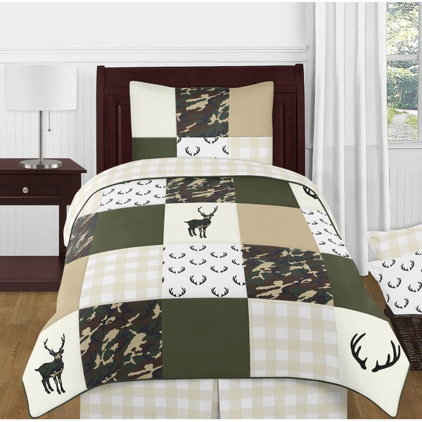 Sweet Jojo Designs Green and Beige Deer Buffalo Plaid Check Woodland Camo Boy Twin Kid Childrens Bedding Comforter Set - 4 Pieces - Rustic Camouflage