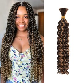 Deep Wave Human Braiding Hair for Boho Braids – 18 Inch 40g 1 Bundles/Pack Highlights Balayage Chocolate Brown to Caramel Blonde, 12A Brazilian Hair Bulk No Weft, Wet & Wavy Curly Knotless Extensions