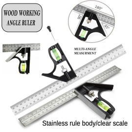 Combination Square 300mm(12") Adjustable Carpentry Square Stainless Steel Angle Ruler with Bubble Level Multifunctional Measuring Tool Accurate Strong Engineers Square Rulers Set 45/90 Degree