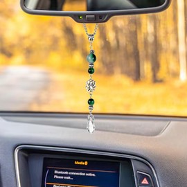 MBAIYO Lotus Flower Rear View Mirror Charm, Flower Car Mirror Pendant Boho Green Stone Healing Crystal Charm Lotus Hanging Sun Catcher Pendant Cute Car Decorations Accessories