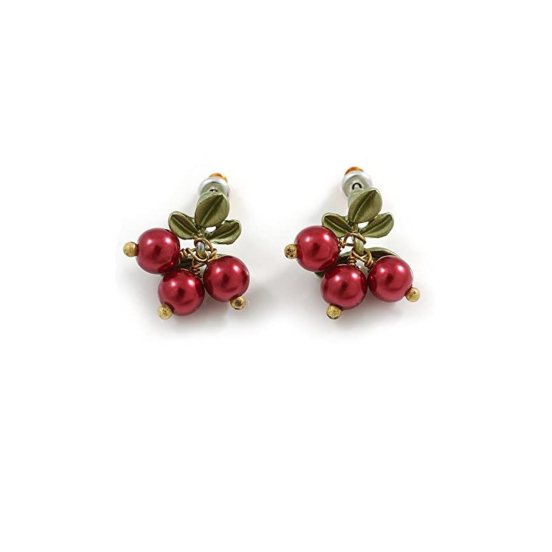 Exquisite Red Berry Floral Olive Green Enamel Stud Earrings -
