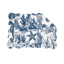 C&F Home Reef Shores Quilted Placemats Set of 6 Placemats Machine Washable Scallop Edge Rectangle Blue & White Seaside Pattern Coastal Nautical Cotton Reversible 13" x 19" Blue