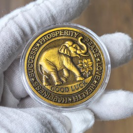 Good Luck Coin with Four Leaf Clover & Elephant Design - Prosperity, Success & Happiness Token for Motivation and Lottery Ticket Scratcher Tool ﻿ ﻿