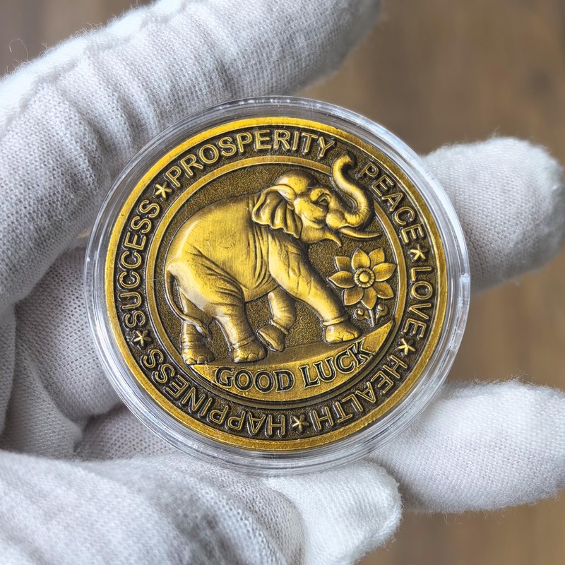 Good Luck Coin with Four Leaf Clover & Elephant Design
