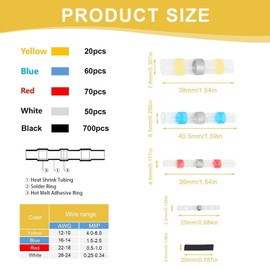 HSUYUN 900 Stück Schrumpfverbinder, Fünf Größen Schrumpfschlauch Sortiment, Wasserdicht Kabel Lötverbinder, Gemischte Farben, für Geräte, Schiffe, Autos