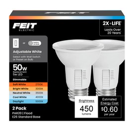 Feit Electric PAR20 LED Light Bulb, 50W Equivalent, Dimmable, Color Selectable 6-Way, 5CCT, E26 Medium Base, 90 CRI, 450 Lumens, Damp Rated Spotlight Bulb, 22-Year Lifetime, PAR20DM/6WYCA/2, 2 Pack