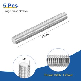 sourcing map M8x61mm Fully All Threaded Rod, 5Pcs 316 Stainless Steel Long Threaded Screw 1.25mm Thread Pitch Right Hand Threads for Furniture Mounting Assembly Fastening