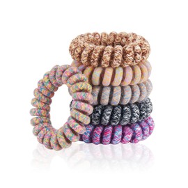 Spiral Hair Ties (Colourful Cloth,6 Pcs), Coil Hair Ties for Thick Hair, Ponytail Holder Hair Ties for Women, No Crease Hair Ties, Phone Cord Hair Ties for all Hair Types with Plastic Spiral