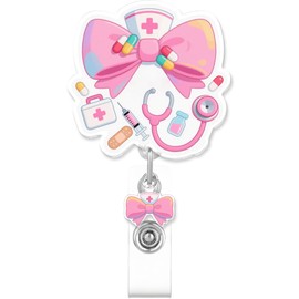 Pink Bow Cute Badge Reel, Cute Bow Retractable Nurse Alligator Clip for Women, ID Badge Reel Name Tag Badge Holder for Office School Hospital Nurses Doctors Teachers