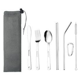 MAXQUU 6 Pieces Of Stainless Steel Tableware, Equipped With 1 Piece Of Storage Bag And 1 Piece Of Metal Buckle, Simple And Portable Tableware, Suitable For School, Travel, And Picnic.