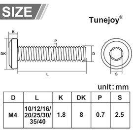 Tunejoy Pack of 30 Flat Head Screws M4 x 20 mm Flat Head Screws Stainless Steel A2 V2A Furniture Screws Hexagon Socket Full Thread with Allen Key