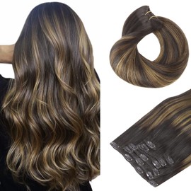 HOTBANANA Clip in Hair Extensions 24 inch 160g 7pcs Ombre Natural Black Mixed Chestnut Brown Clip in Remy Human Hair Extensions Straight Hair Invisi Edge Clip Hair Full Head
