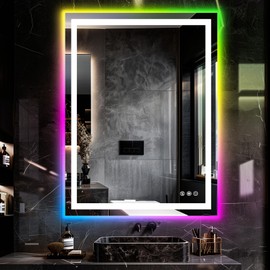 36x28 Inch RGB LED Bathroom Mirror Front Light LED Bathroom Mirror with 3 Colors, Vanity Mirror with Lights, Anti-Fog Wall Mounted, Dimmable Touch Switch Control, Memory Front and Backlit Smart Mirror