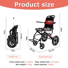 FamilyRoots Lightweight Folding Transport Wheelchair for Seniors, Compact Travel Wheelchair with Flat-Free Tires, Carry Handle, Mobility Aid for Elderly, Supports Up to 220 lbs, Red