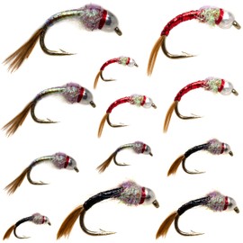 Outdoor Planet 12 Bead Head Rainbow Warrior Midge Assortment Fly Fishing Trout Flies, Tailwater Fly Fishing Flies Wet Flies