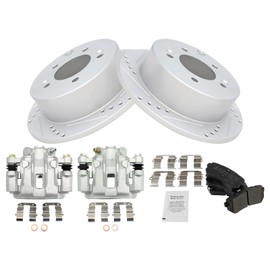 TRQ Rear Performance Brake Pad & Rotor Kit Brake Caliper Brake Pads Brake Rotors Set Semi-Metallic Solid Premium G-Coated Compatible with 2010-2013 Kia Forte Forte Koup