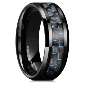 King Will 8mm Black Men's Wedding Band Ring - Tungsten Carbide Ring with Black and Blue Carbon Fiber Inlay, GENTLEMAN style, High Polished Finish, Beveled Edge, Comfort Fit, Size 12