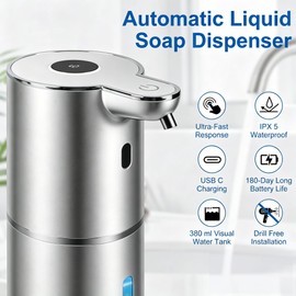 Automatic Soap Dispenser, Hand Soap Dispenser 12.8oz/380ml Smart Rechargeable, Liquid Soap Dispensers with 6-Level Touchless, Wall Mounted or Countertop Dish Soap Dispensing for Bathroom & Kitchen
