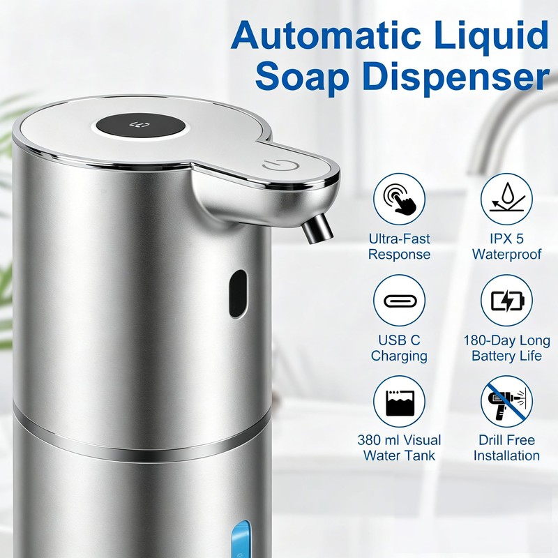 Automatic Soap Dispenser, Hand Soap Dispenser 12.8oz/380ml Smart Rechargeable, Liquid
