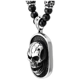 COOLSTEELANDBEYOND - Collar con colgante de calavera de estilo gótico para hombre, cadena de abalorio de ónix negro, acero inoxidable, etiqueta de perro ennegrecida, Ónix negro sintético, Sin piedra