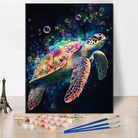 TISHIRON Paint by Numbers for Adults Beginner,Brightly Colored Turtle Swimming Ocean with Bubbles Oil Painting Sea Turtle Paintting by Numbers Kits for Home Decor 16 * 20 inch