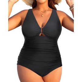 Aqua Eve - Traje de baño de una pieza para mujer, talla grande, cuello en V, control de abdomen, traje de baño retro fruncido, Sólido Negro, 14 Plus